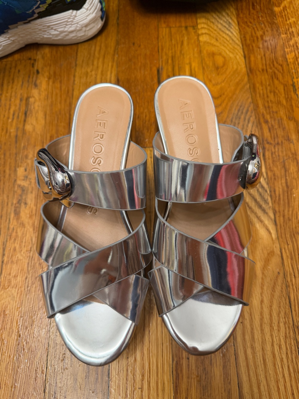 AEROSOLES Silver Metallic Multi-Strap Slide Sandals